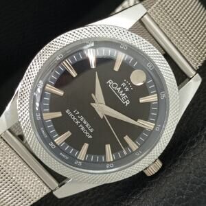 Vintage 1981 Roamer Manual Mens Silver Watch W/Metal Strap & Black accents